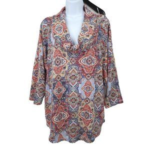 Studio Signature Cowl Neck Top Stretchy 2X Geometric 3/4 Sleeve Tunic Red Blue